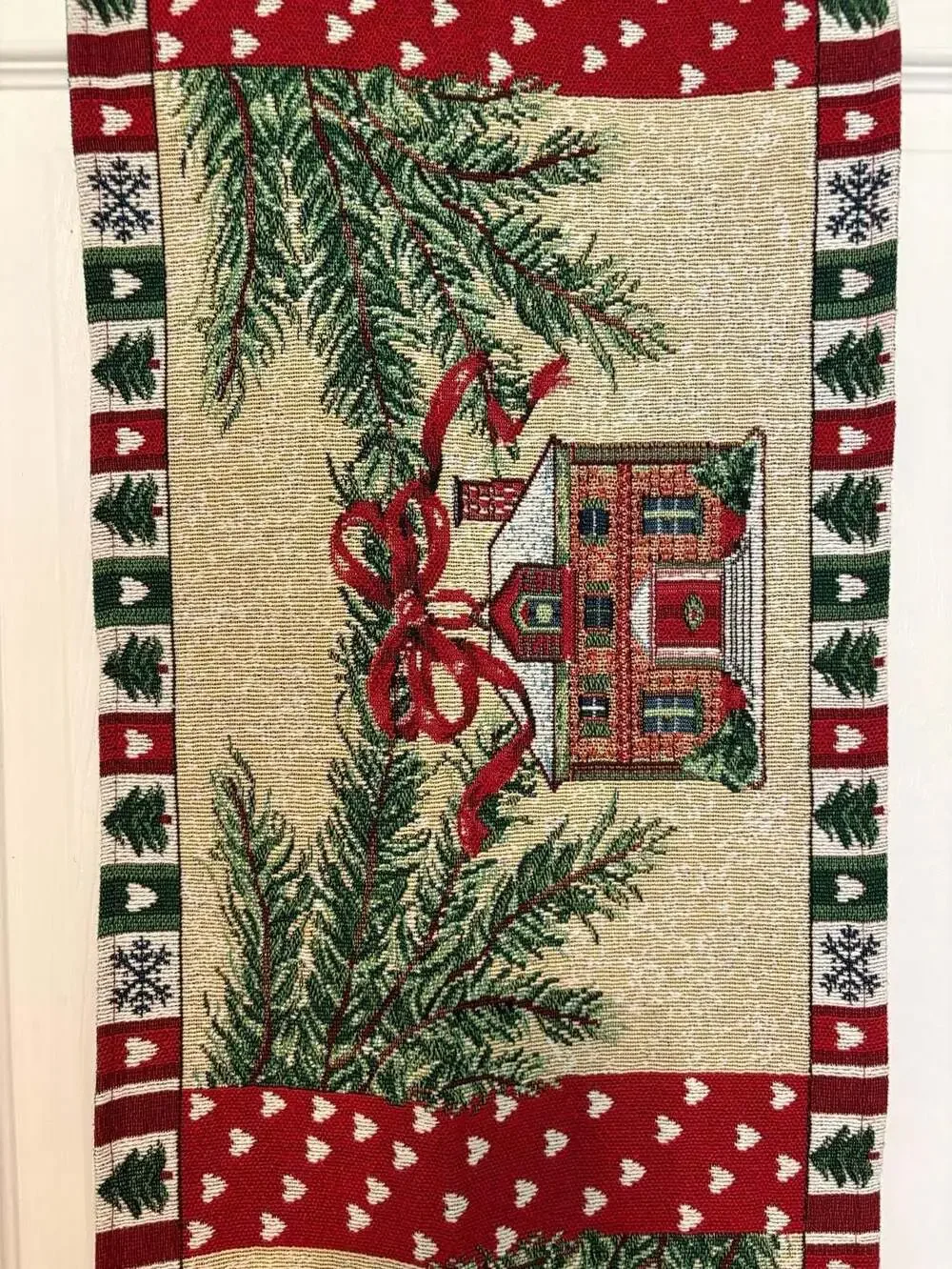 EUC Christmas Tapestry Table Runner Size 74x13 Red Green House Pine Trees Tassel